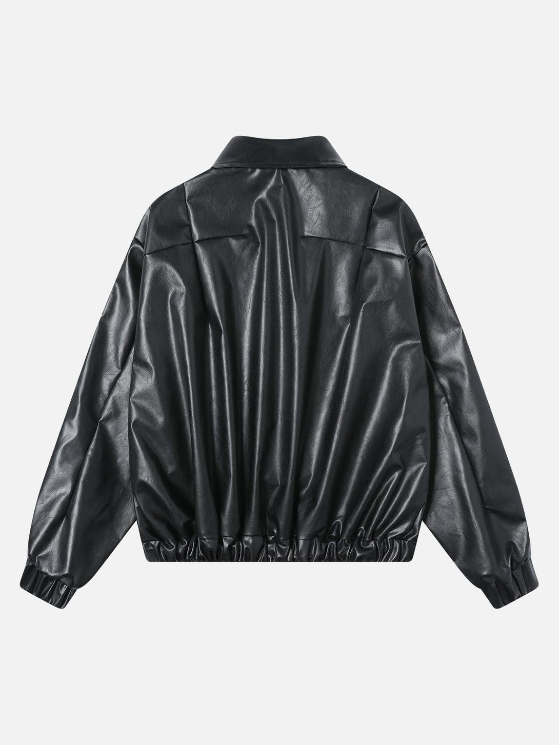 Back view of a black PU leather motorcycle jacket by TALISHKO, showcasing its glossy finish.