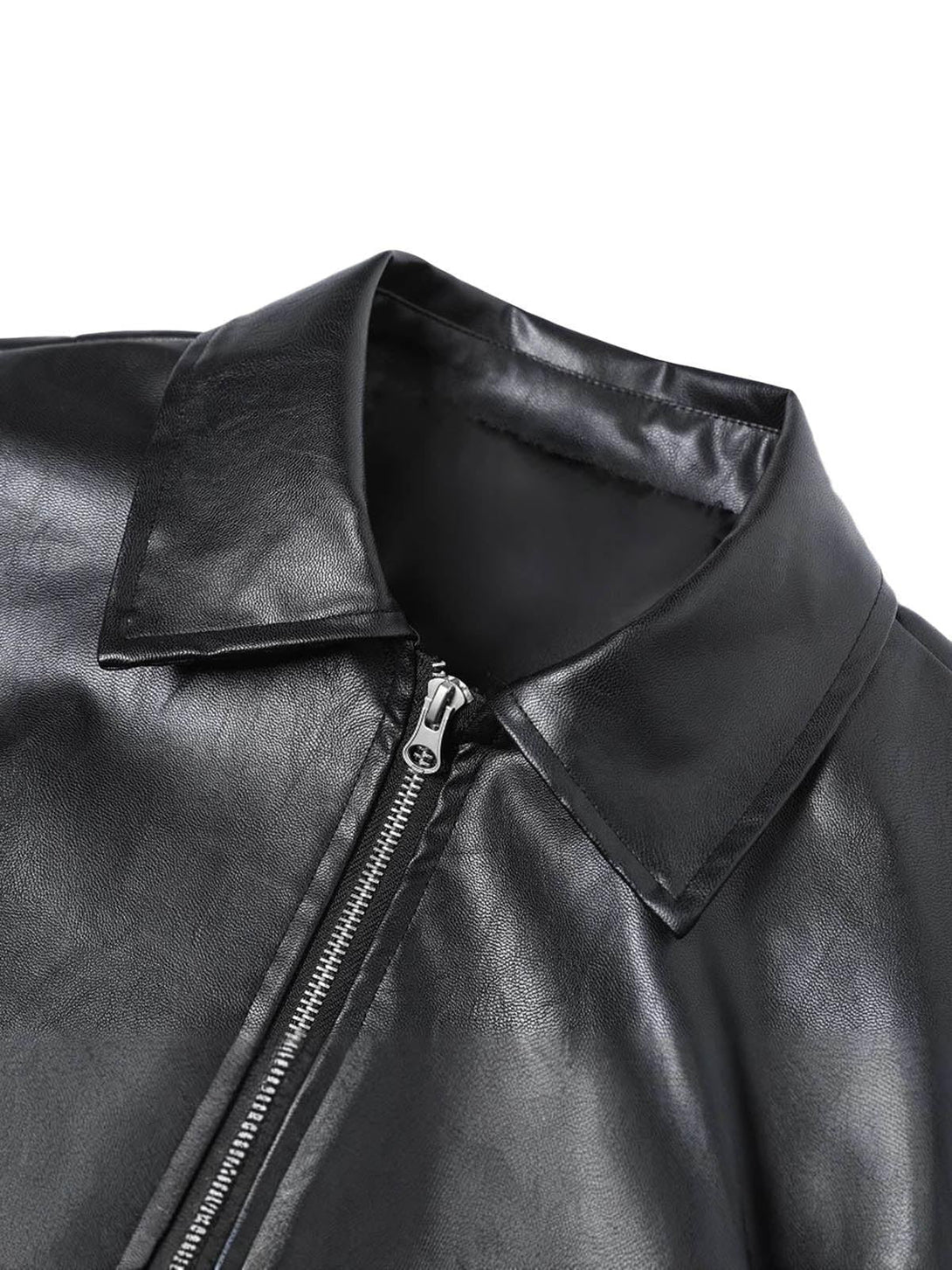 A detailed view of TALISHKO's black PU leather motorcycle jacket highlighting its classic collar and zipper.