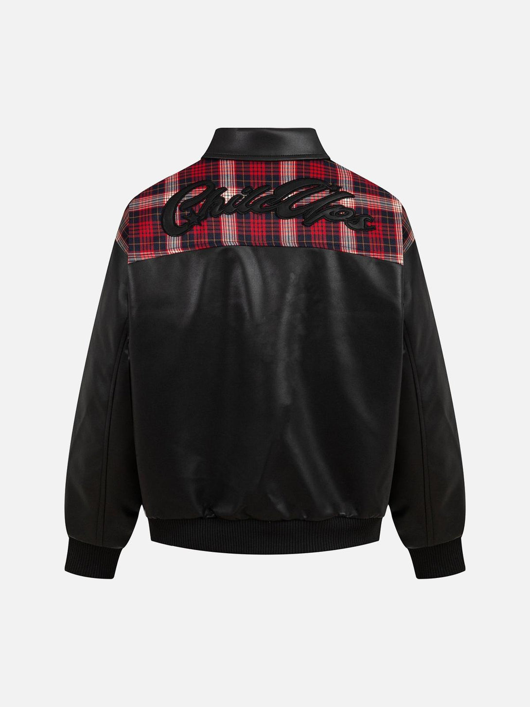 Back view of a TALISHKO quilted jacket featuring black PU leather with red plaid details.