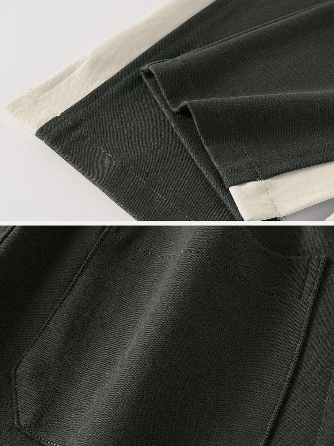 Detailed fabric and stitching of TALISHKO patchwork split pants, highlighting contrasting design.