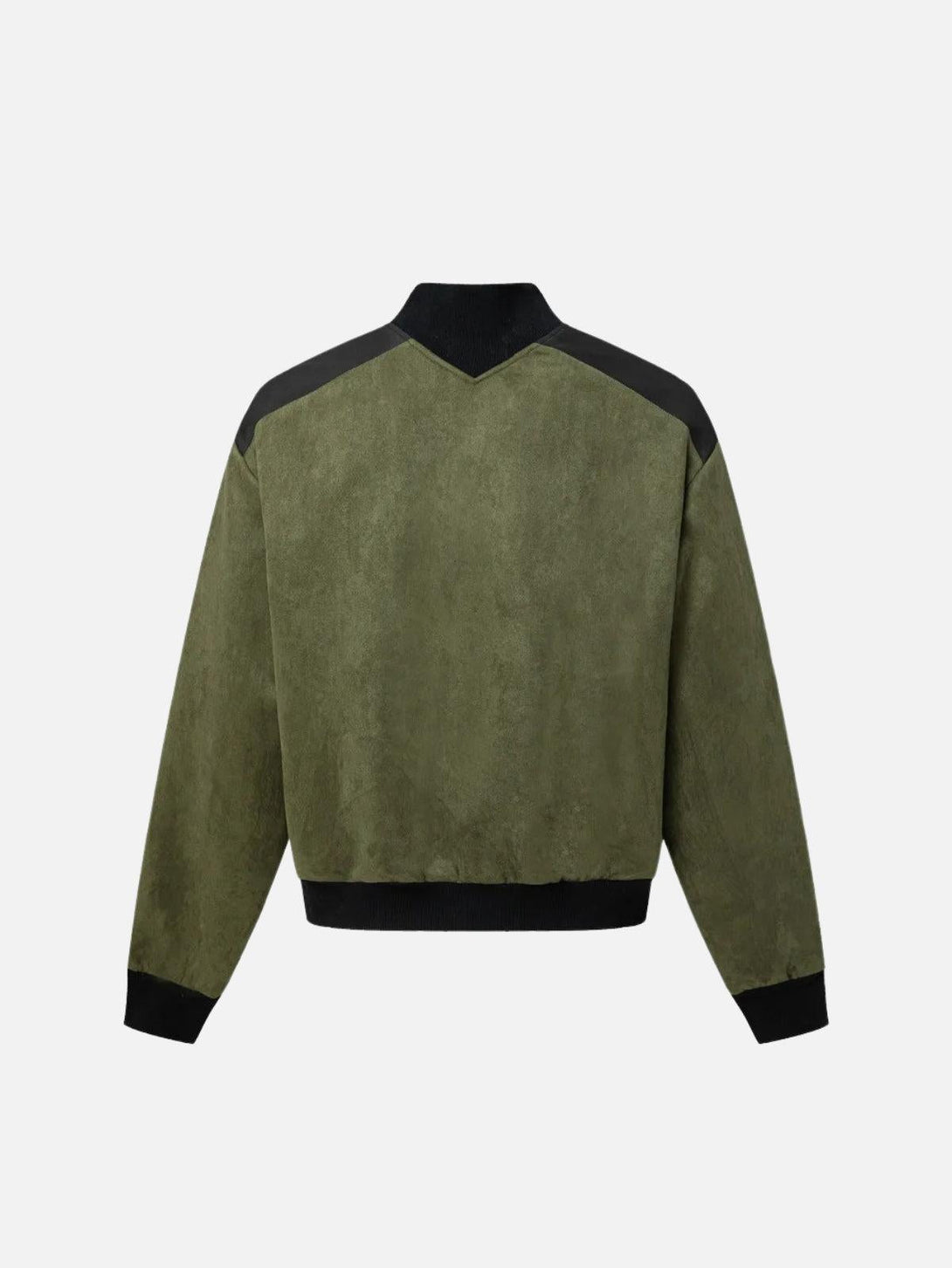 Back view of green patchwork stand collar sweatshirt by TALISHKO, highlighting casual design.