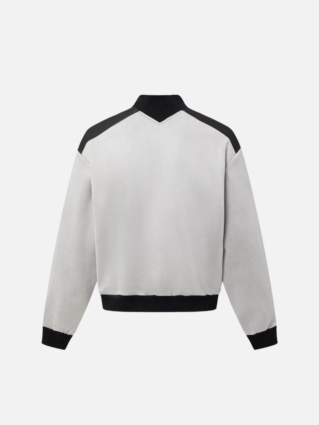 Back view of white patchwork stand collar sweatshirt by TALISHKO, featuring a modern design.