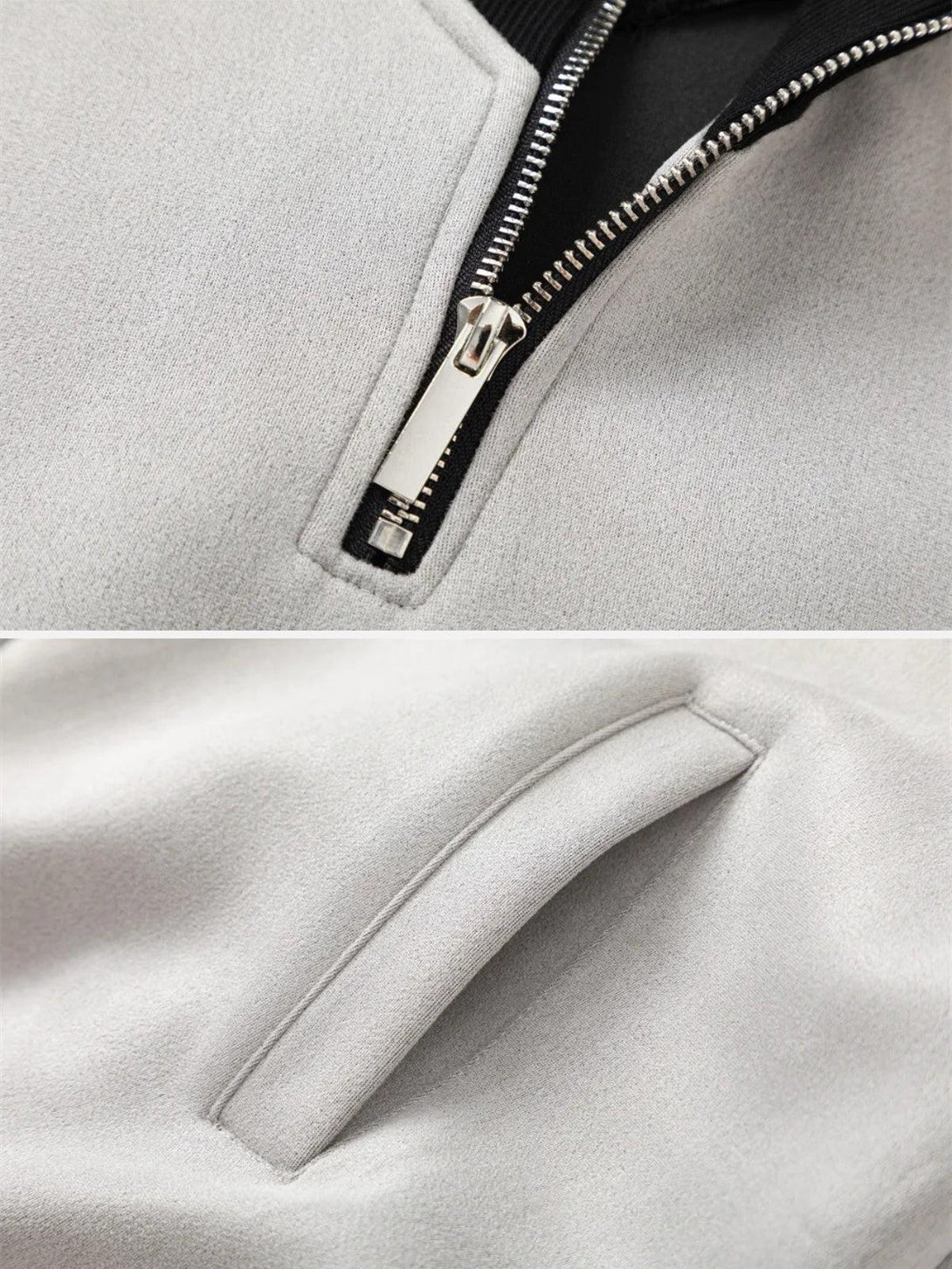 A detailed view of the zipper and pocket on a patchwork stand collar sweatshirt by TALISHKO.