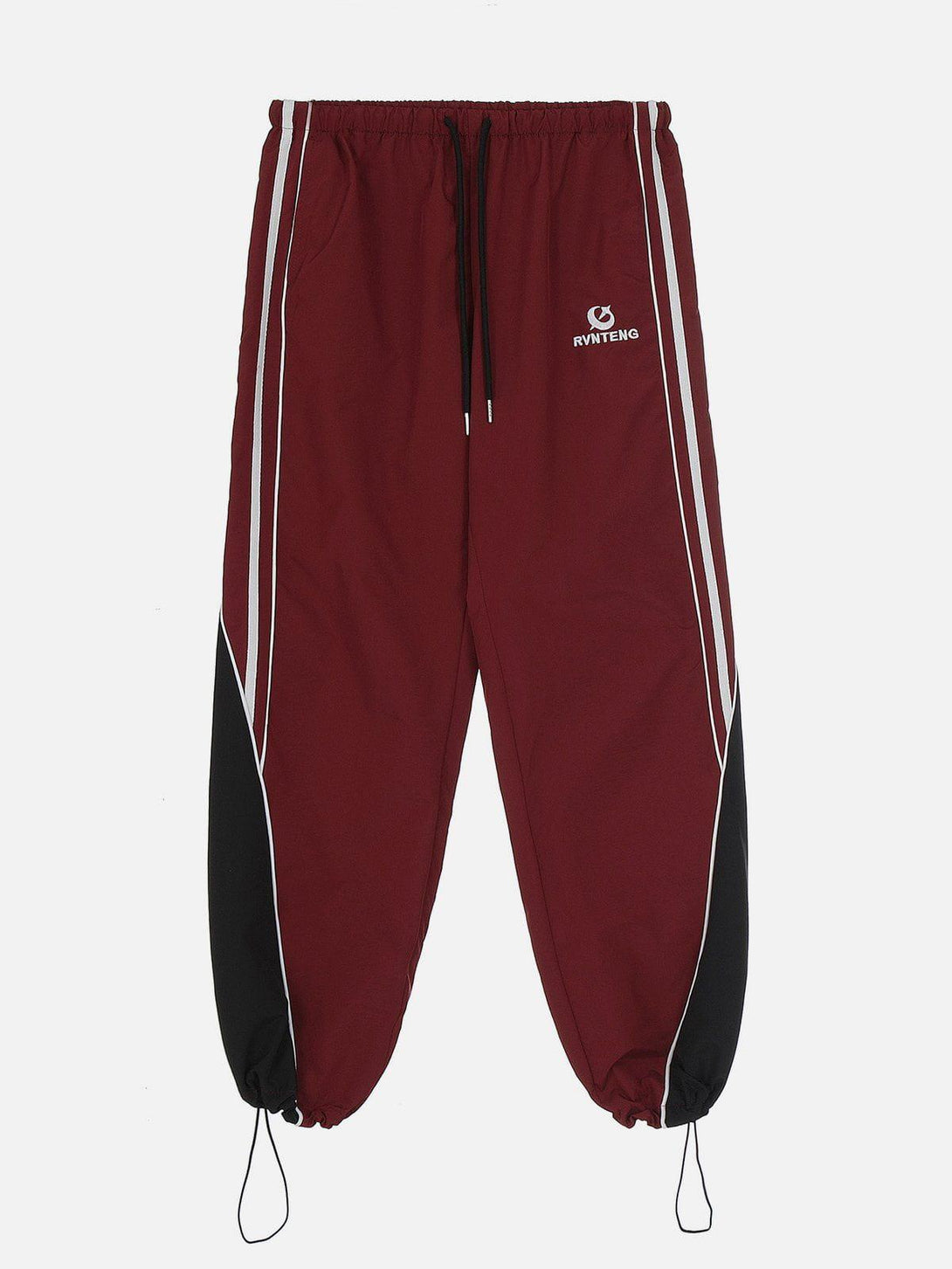 Maroon patchwork tapered sweatpants by TALISHKO, featuring sporty white side stripes.