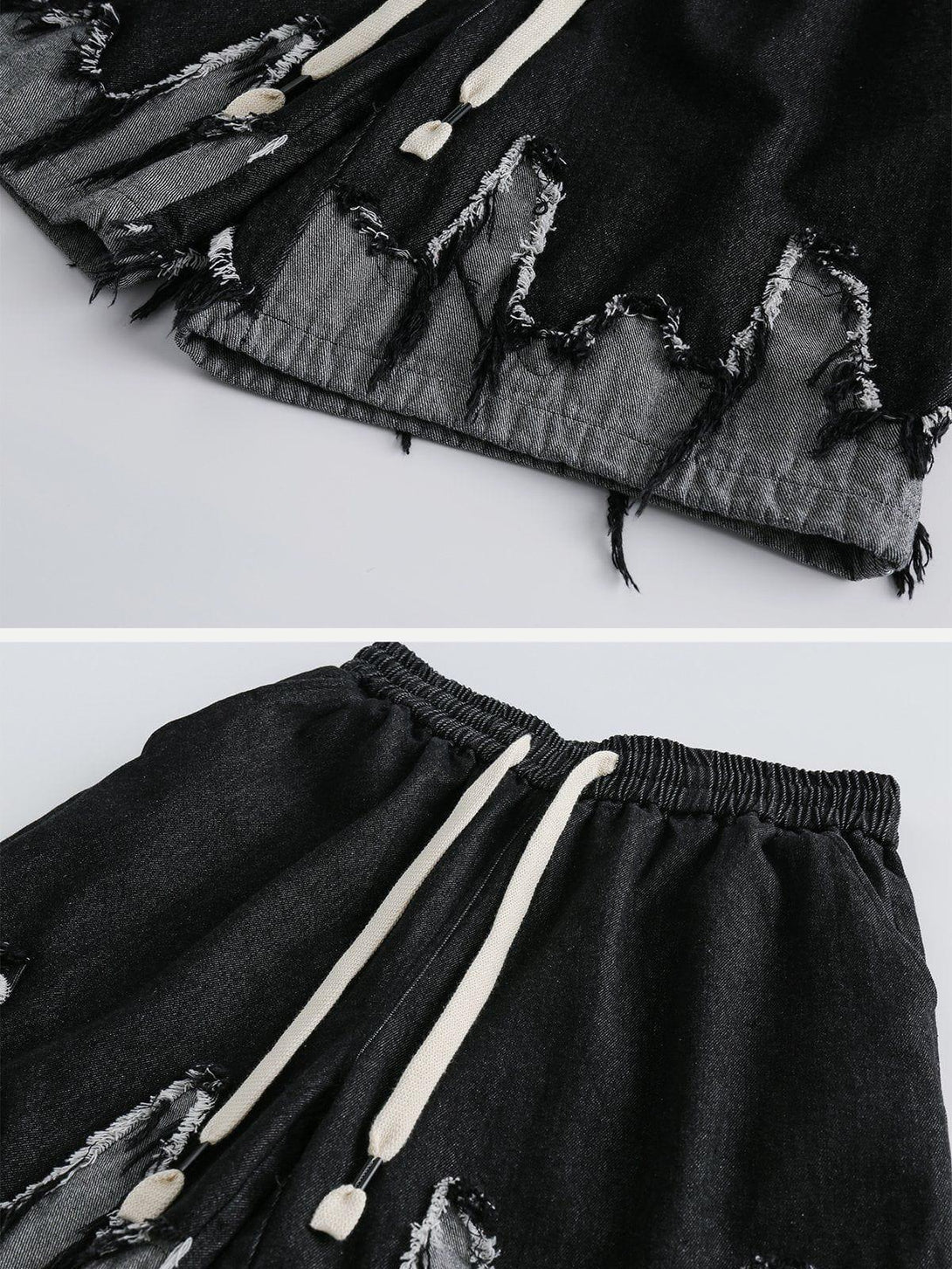 Focusing on the distressed tassel fringe details of TALISHKO's black patchwork jorts for a laid-back style.