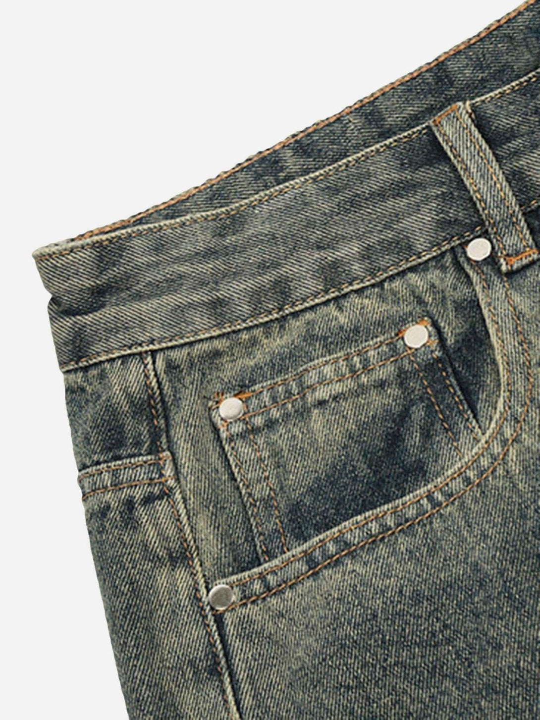 Detailed look at TALISHKO's patchwork micro flare jeans pocket and stitching design.
