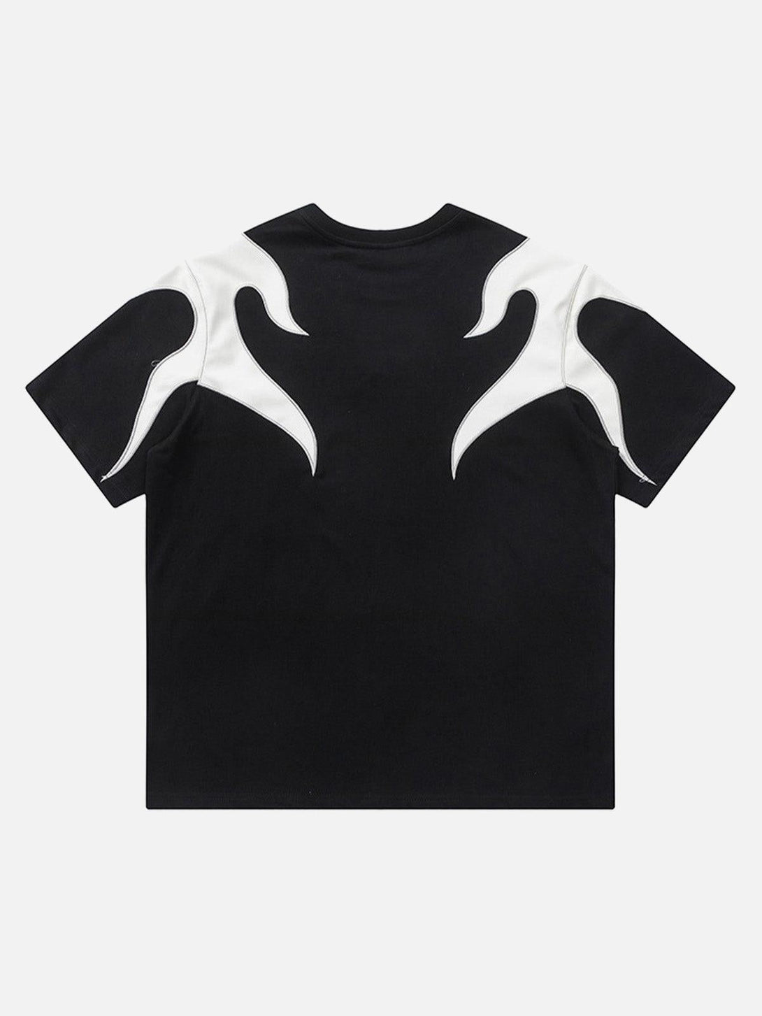 Back view of TALISHKO Patchwork Totem T-shirt featuring striking black and white design details.