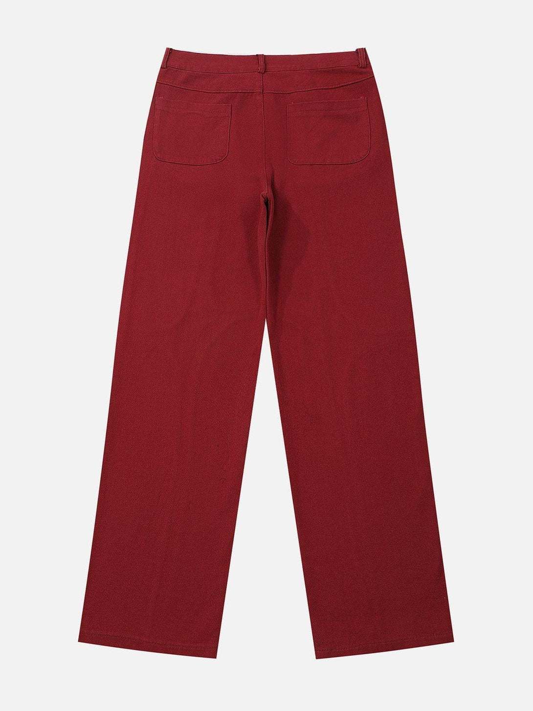 Back view of red patchwork jeans by TALISHKO, highlighting a distinctive washed finish.