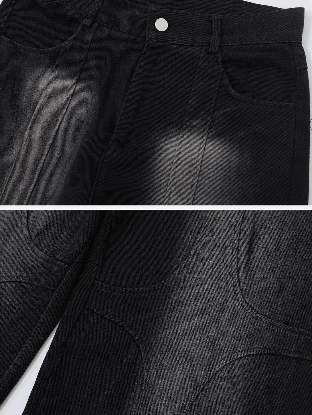 A detailed look at TALISHKO's black patchwork jeans, highlighting the washed design and texture.