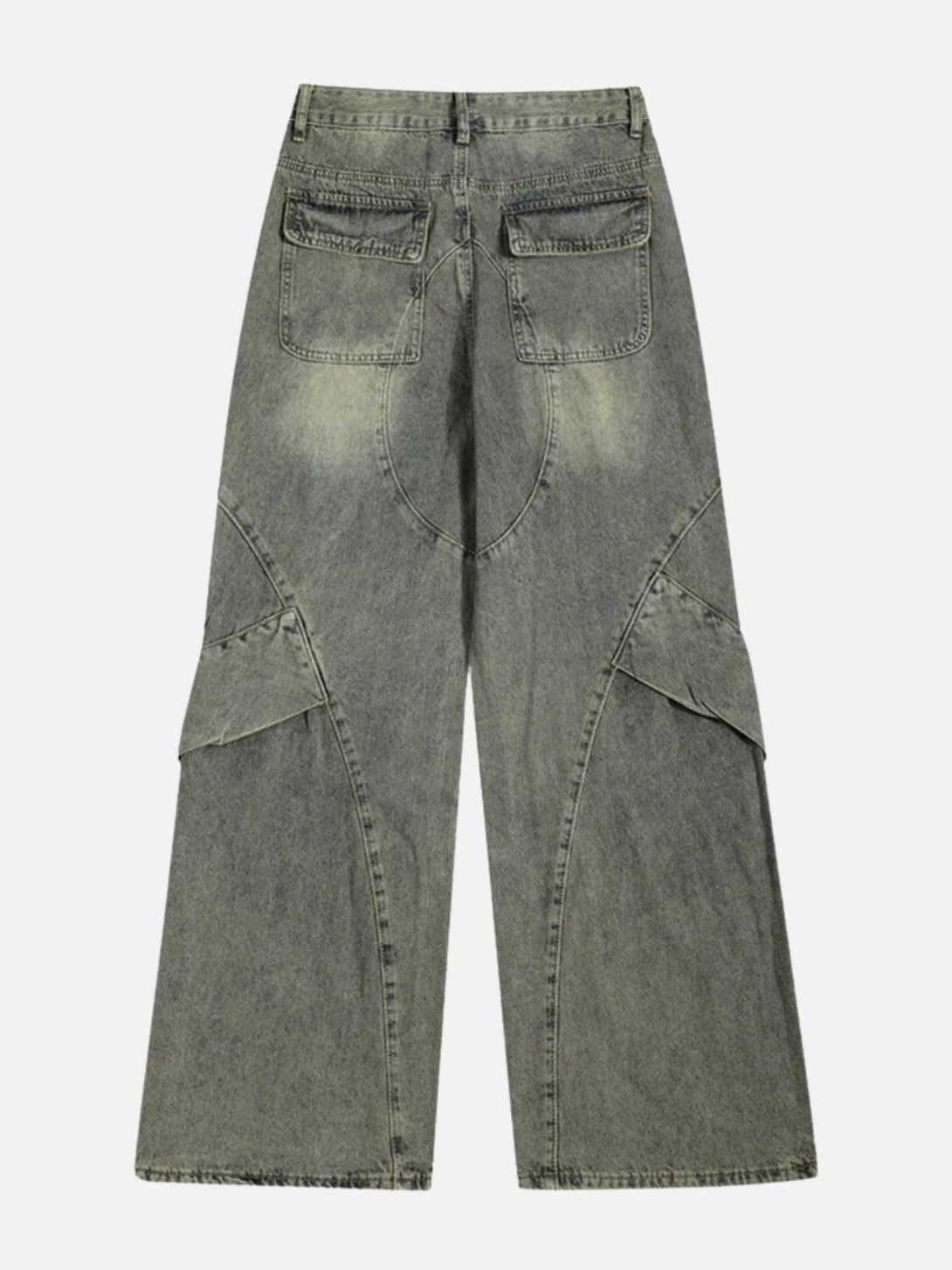 Back view of TALISHKO patchwork washed jeans, highlighting unique pocket and seam details.