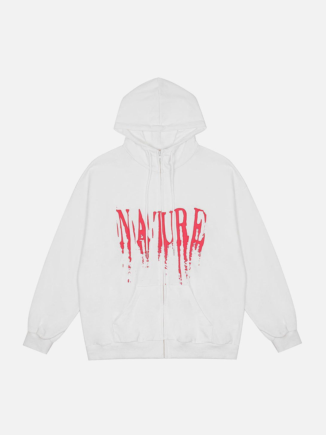 Front view of a white hoodie by TALISHKO with a bold red "NATURE" print for a trendy look.