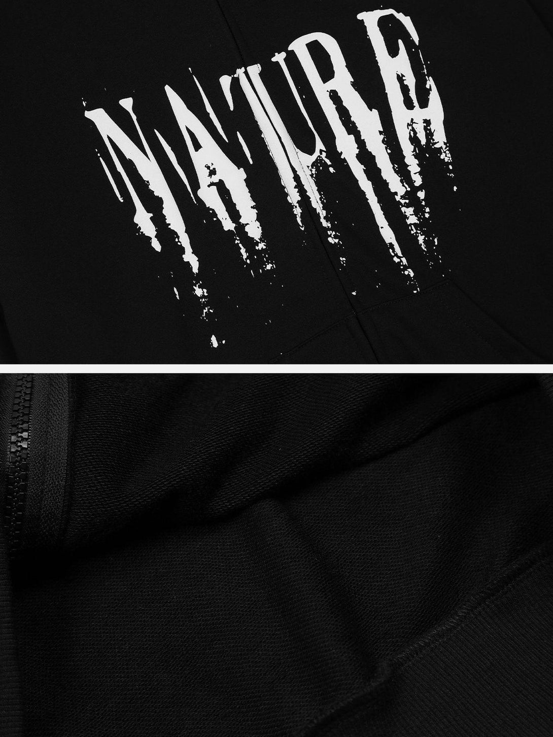A detailed look at the bold "NATURE" print on a black TALISHKO hoodie, highlighting its texture.