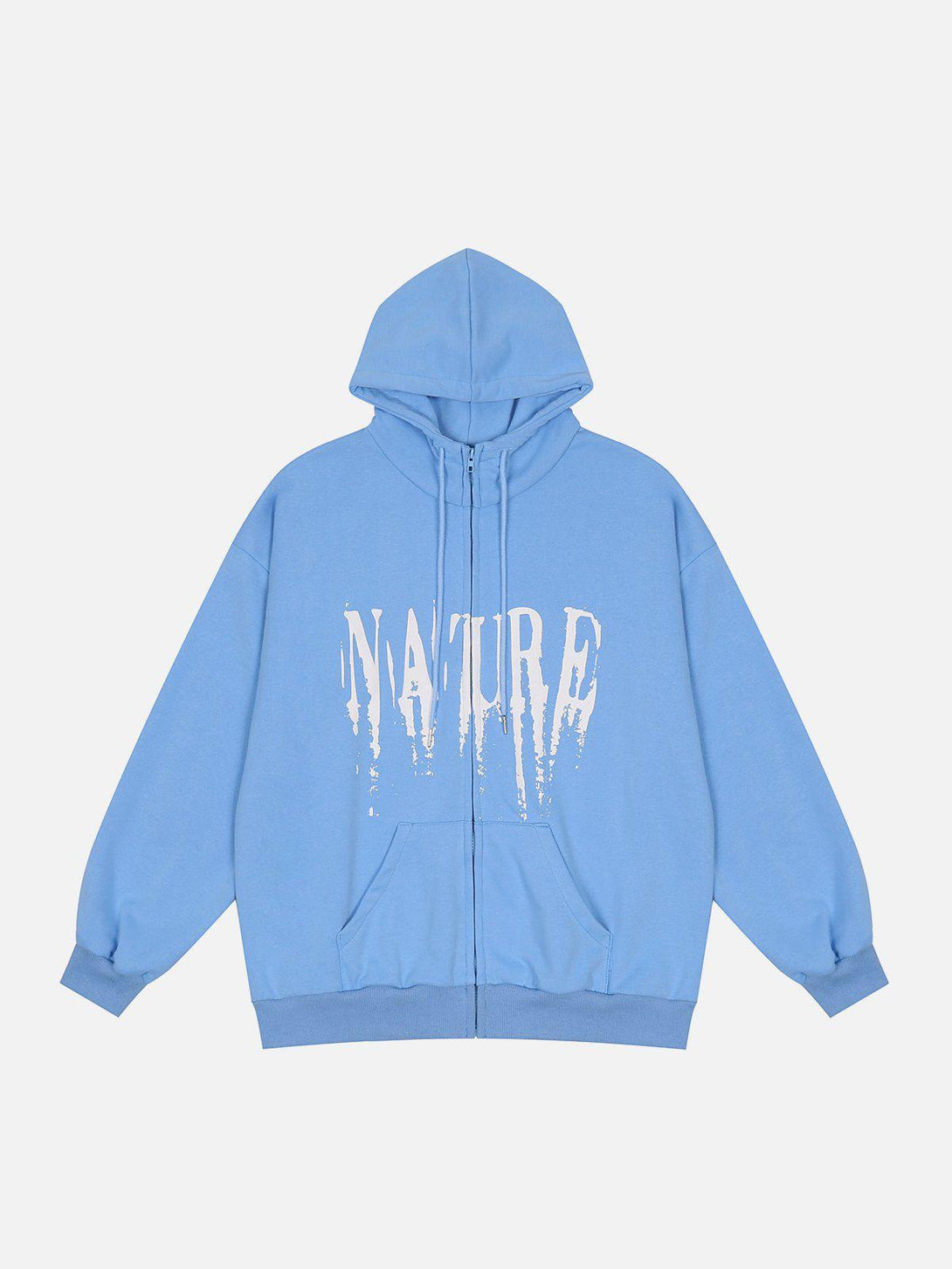 Front view of a blue TALISHKO hoodie with bold "NATURE" print, perfect for adding style.