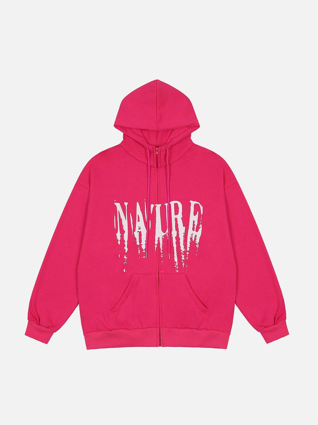 Front view of a vibrant pink TALISHKO hoodie featuring a bold "NATURE" print for standout style.