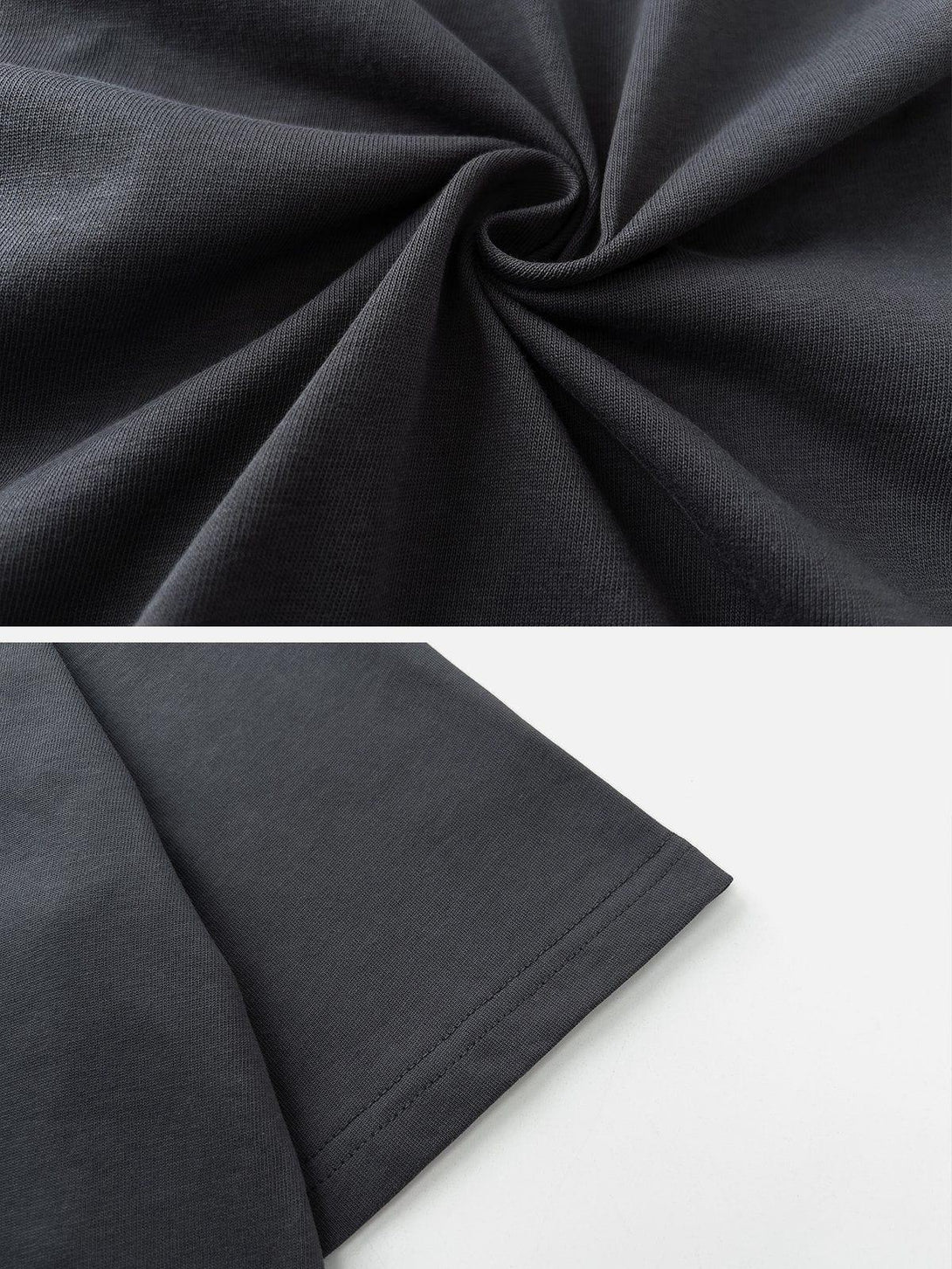 A detailed view of TALISHKO's black tee fabric and sleeve stitching, highlighting quality craftsmanship.