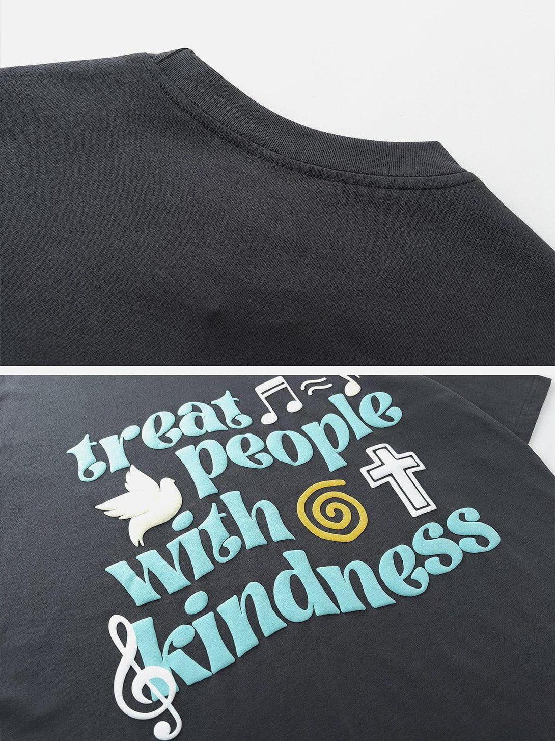 Zoomed-in view of TALISHKO tee's graphic design featuring peace and music symbols.