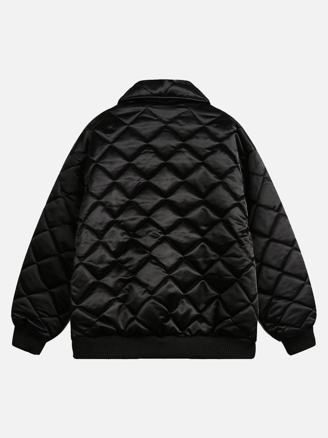 Back view of a black quilted jacket by TALISHKO, showcasing diamond pattern and sleek design.