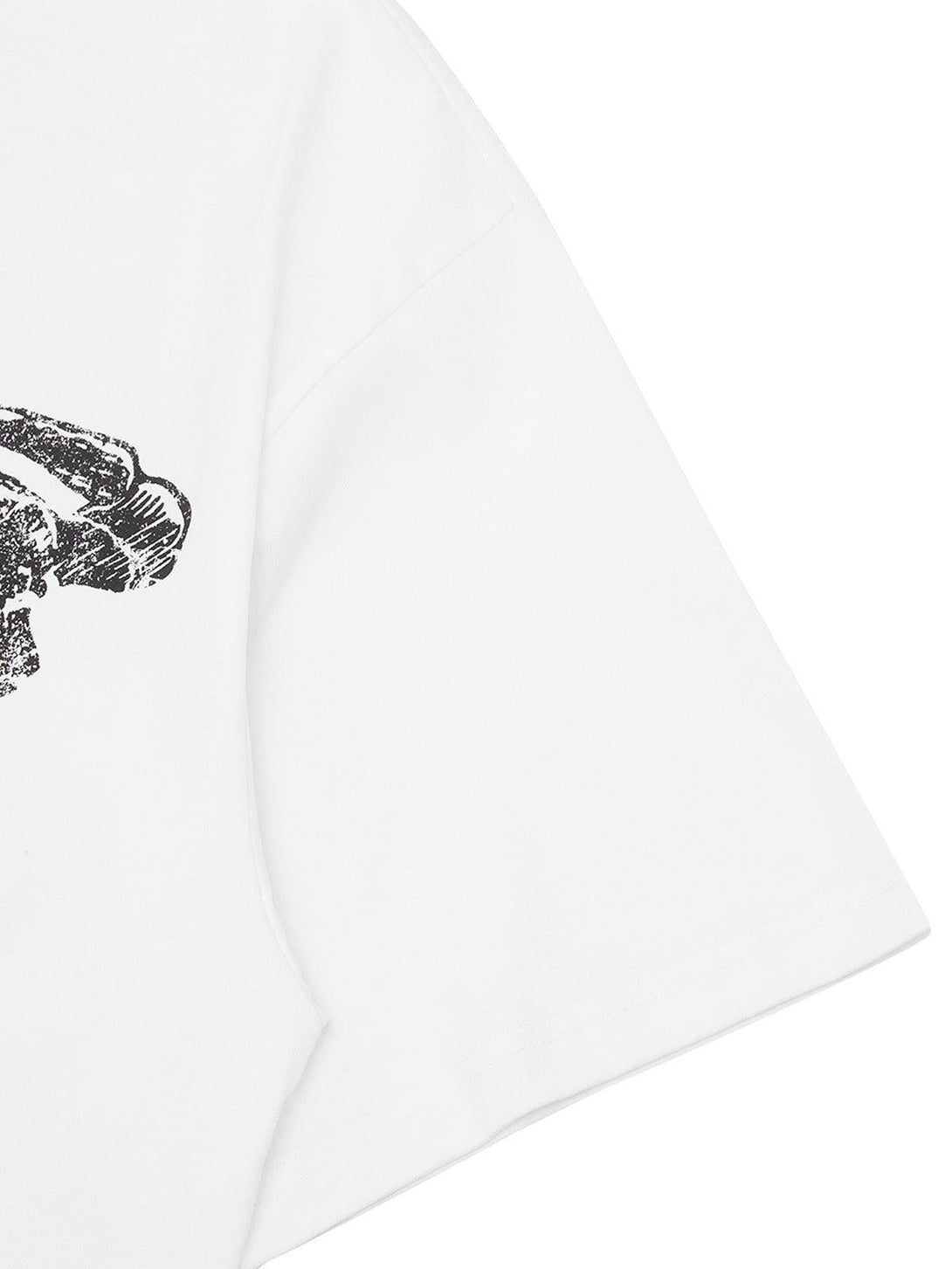 A close-up of a TALISHKO T-shirt sleeve featuring intricate graphic details, perfect for casual wear.