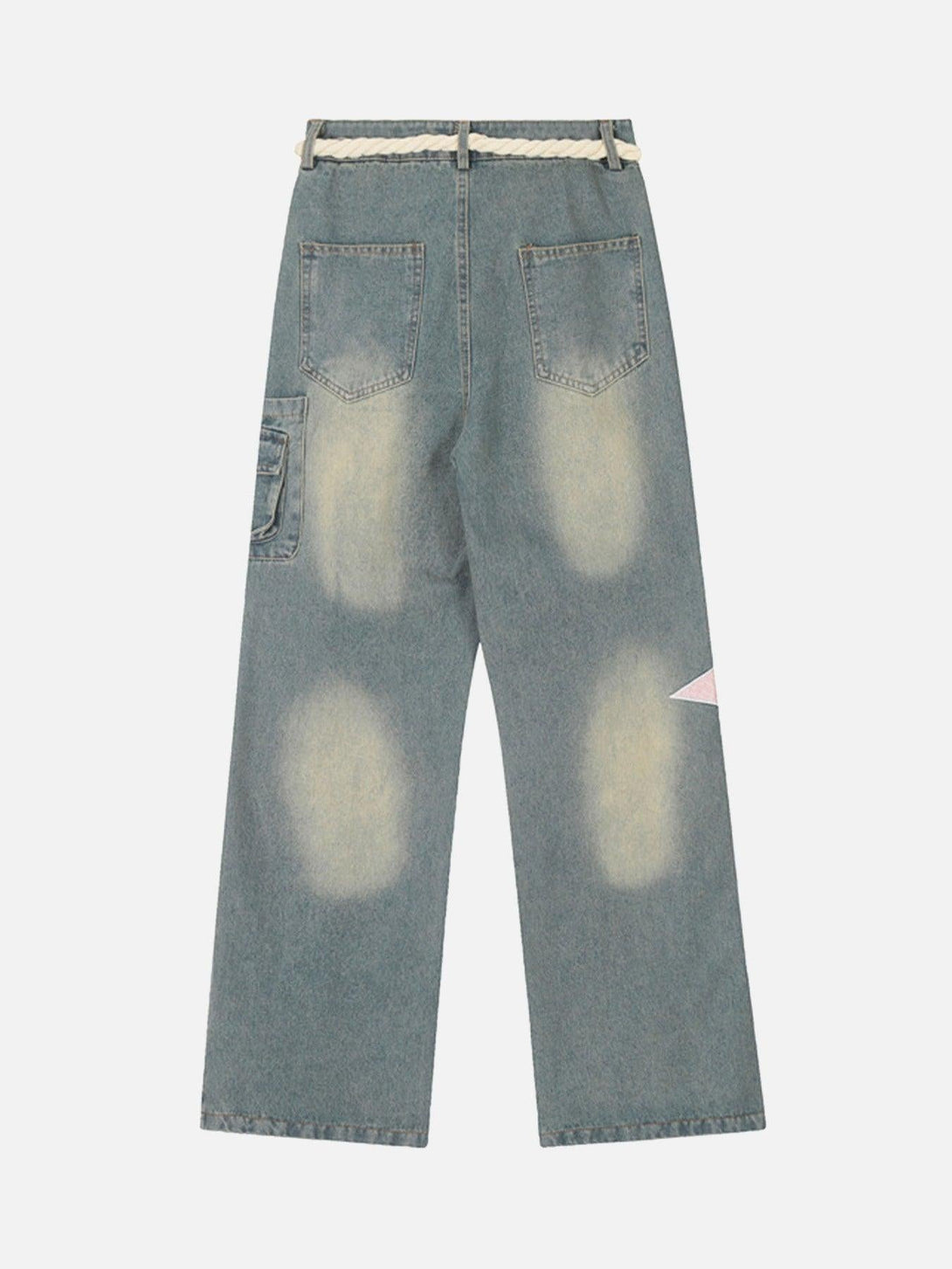 Back view of TALISHKO loose jeans with unique star embroidery and a rope belt detail.