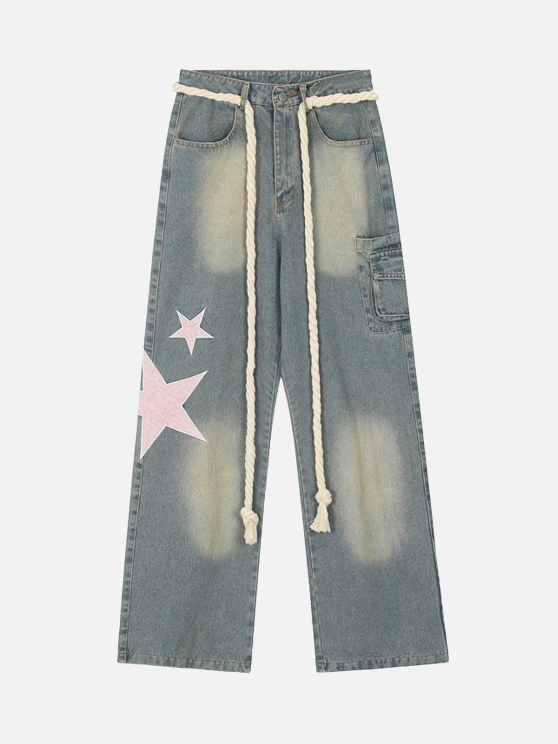 Front view of TALISHKO loose jeans with star embroidery and casual rope belt accents.