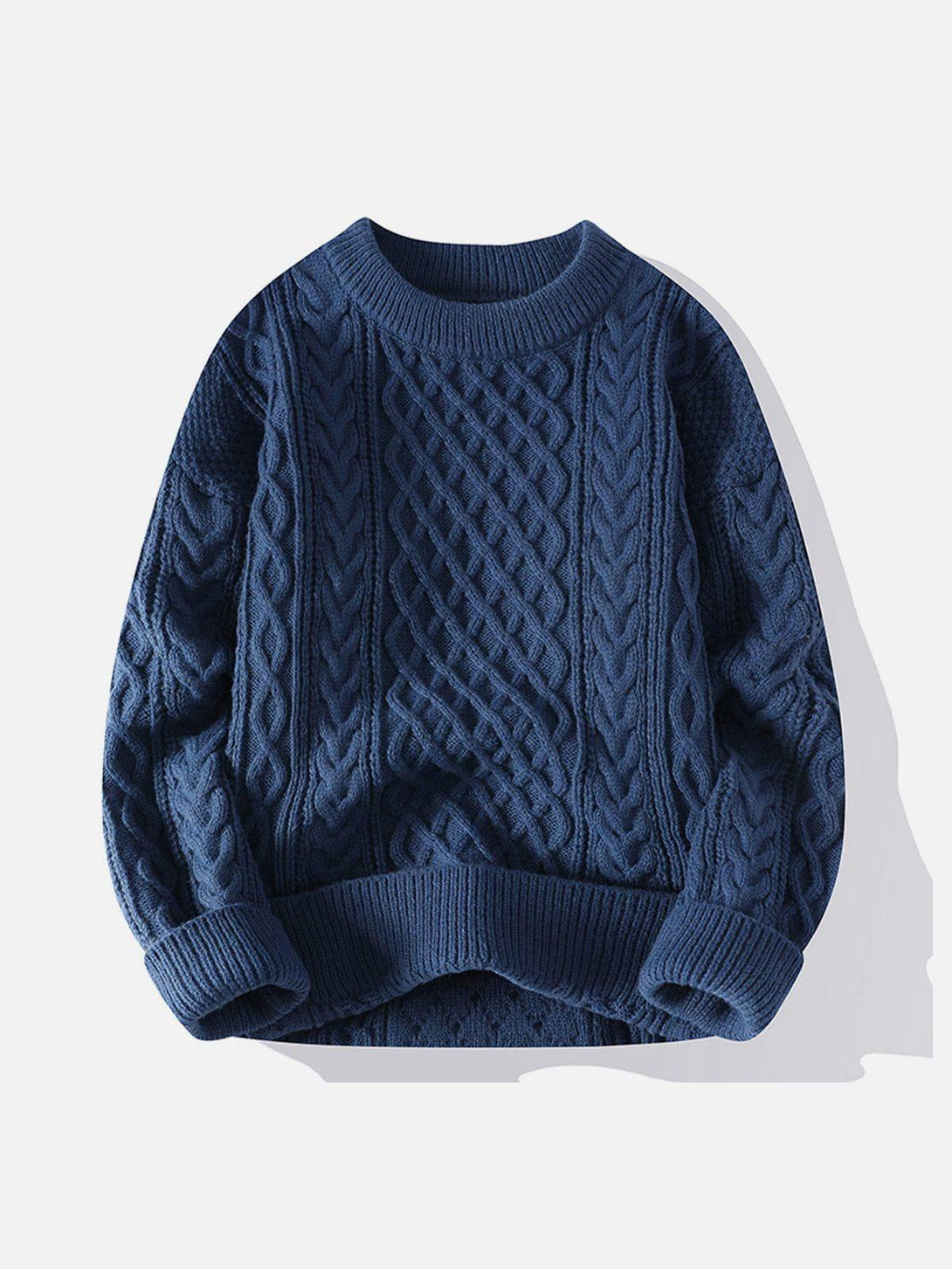 Navy TALISHKO knit sweater showcasing a detailed cable pattern in a front view.