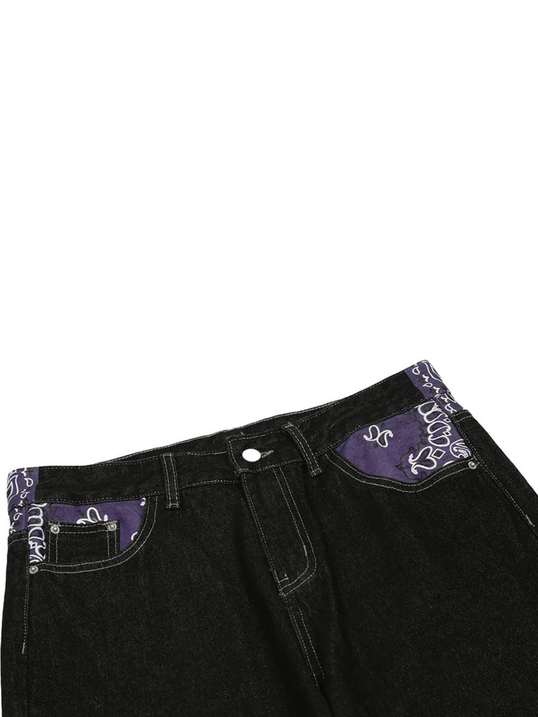 Front view of TALISHKO straight jeans highlighting unique purple pocket accents and dark denim.