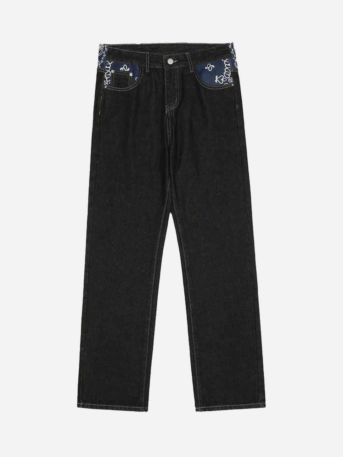 TALISHKO Petal Letter straight jeans with unique pocket detail and dark denim finish.