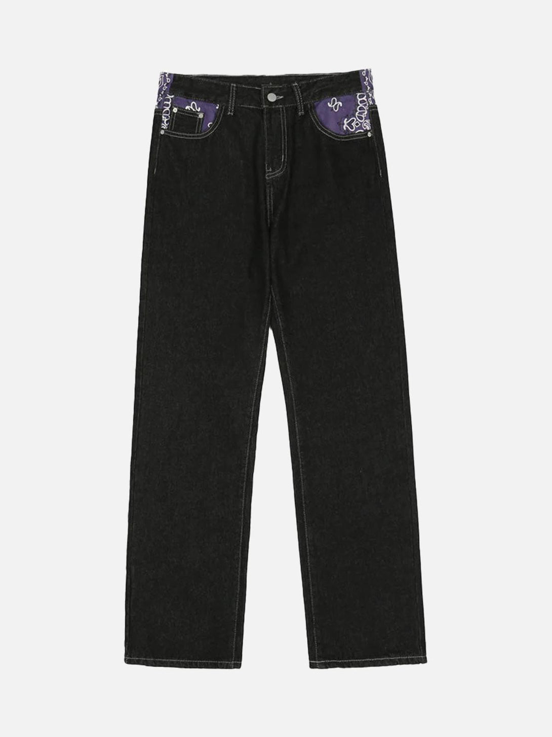TALISHKO Petal Letter straight jeans feature dark denim and distinctive patterned pockets.