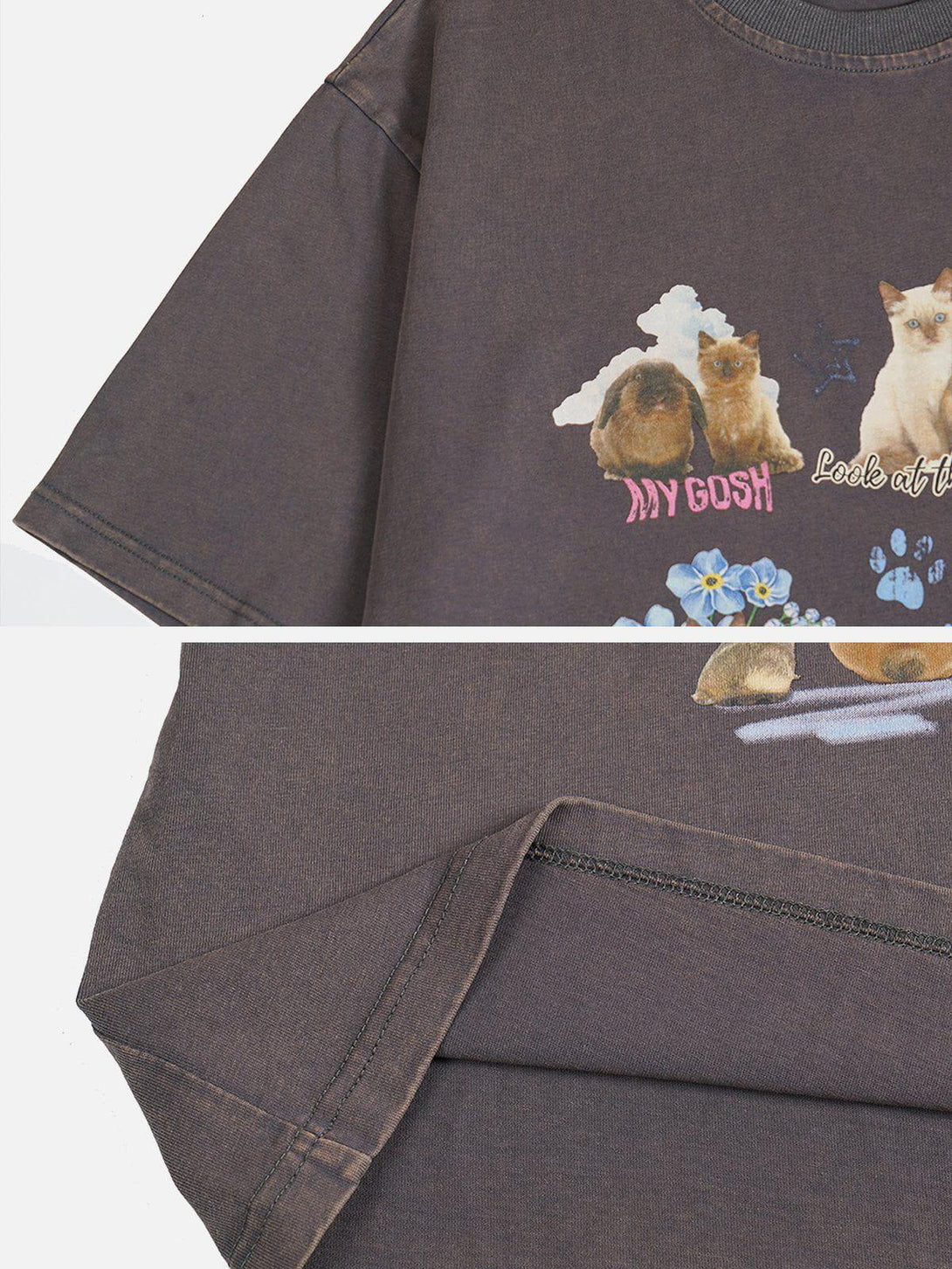 A detailed view of the brown pets print tee by TALISHKO, highlighting playful animal graphics.