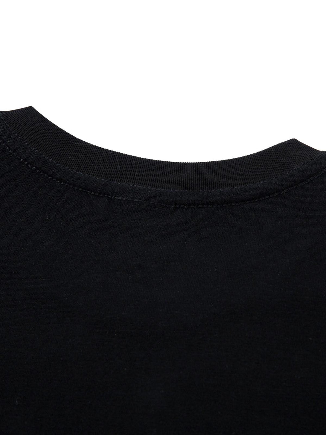 Detailed neckline view of a black T-shirt by TALISHKO, highlighting its sleek fabric finish.