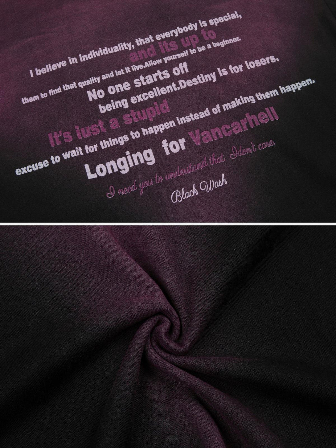 A detailed view of TALISHKO typographic tee fabric in deep purple, highlighting bold statement design.