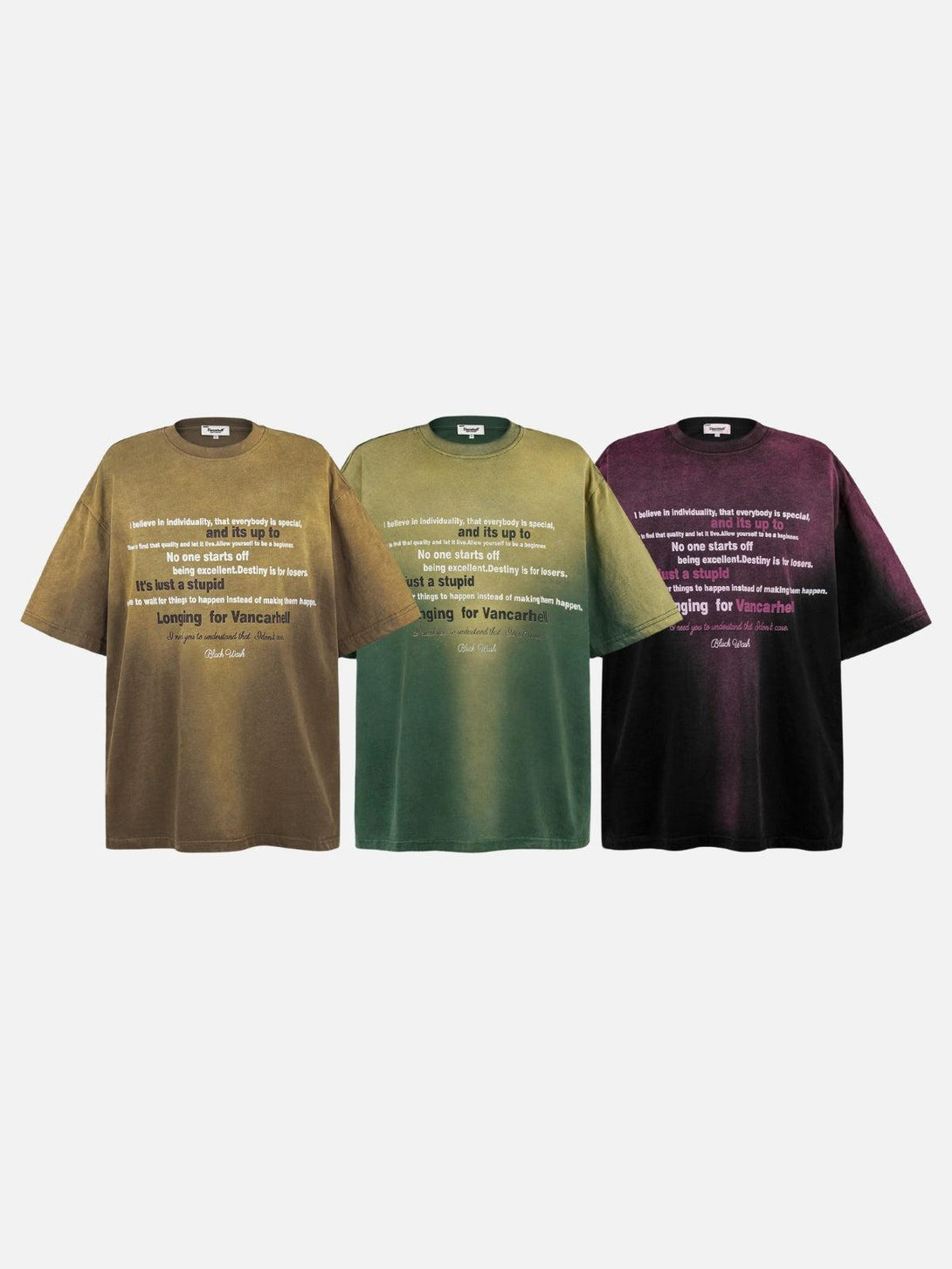 TALISHKO typographic tees in brown, green, and purple, showcasing bold statements and casual style.