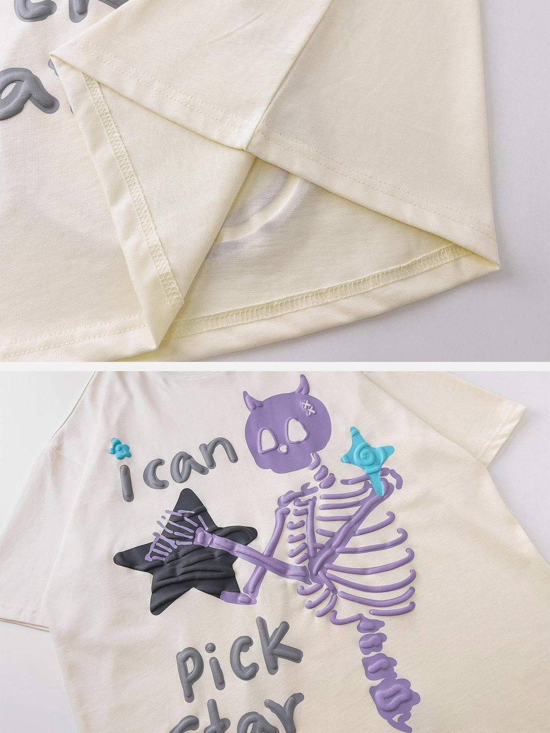 Detailed view of TALISHKO graphic tee's playful skeleton and star design on soft fabric.