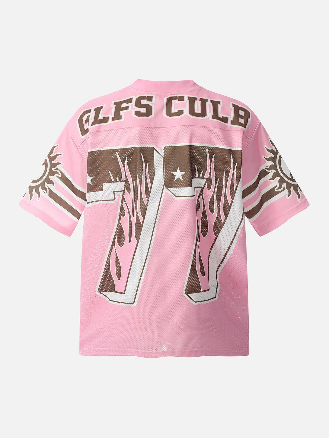 Back view of TALISHKO pink jersey T-shirt with bold flame print and "77" design.