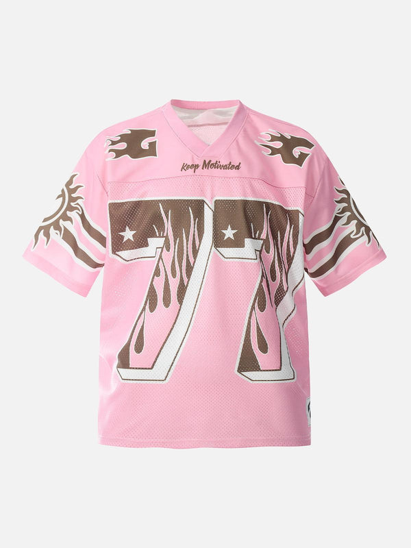 TALISHKO jersey T-shirt in pink with flame print detailing across the front, perfect for casual style.
