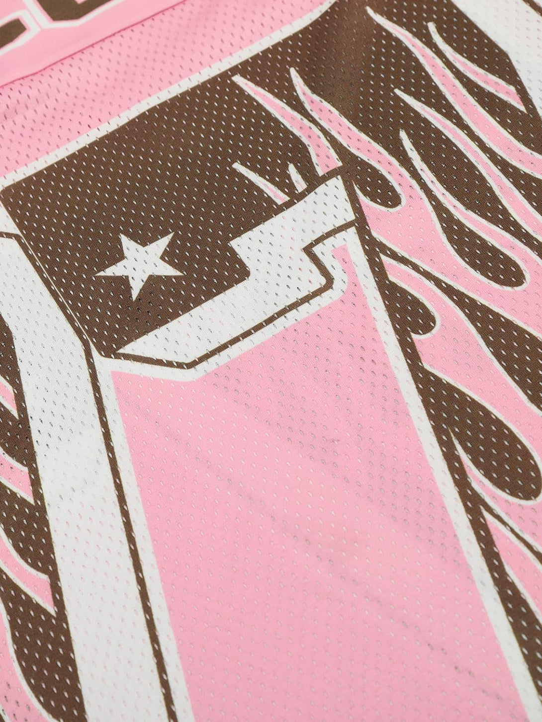 "Texture and pattern showcased on TALISHKO's pink flame print jersey T-shirt fabric."