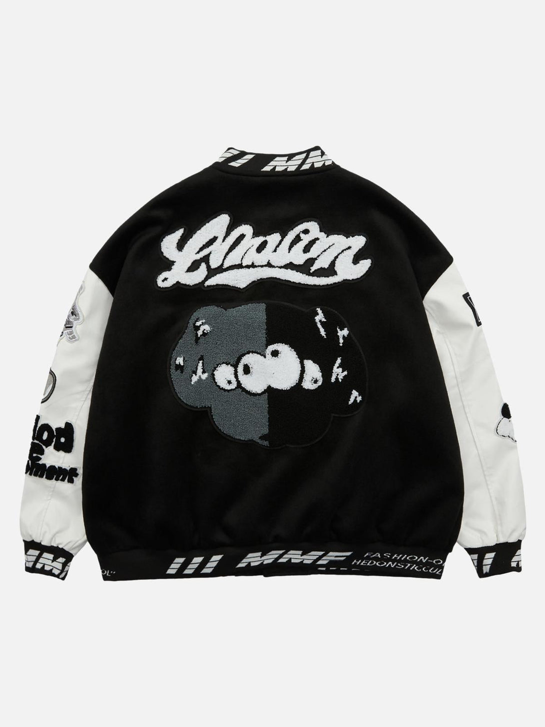 Back view of a TALISHKO varsity jacket featuring bold embroidery and monochrome cloud patch design.