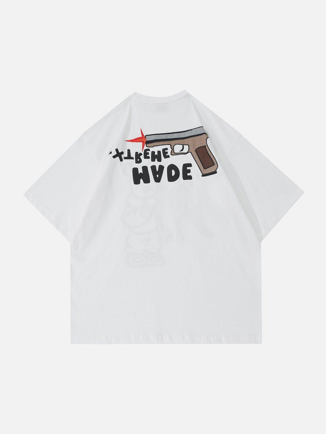 Back of a white TALISHKO graphic tee showcasing a bold pistol and text design for a unique look.