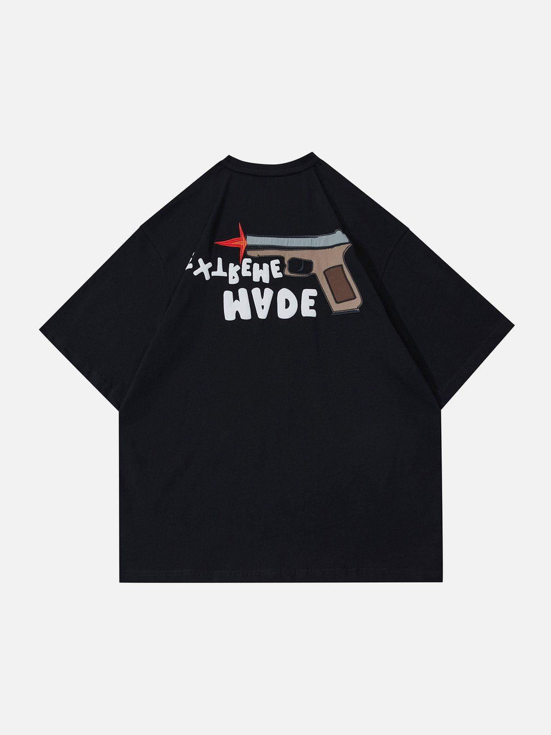 Back view of black TALISHKO graphic tee with bold pistol design and playful text.