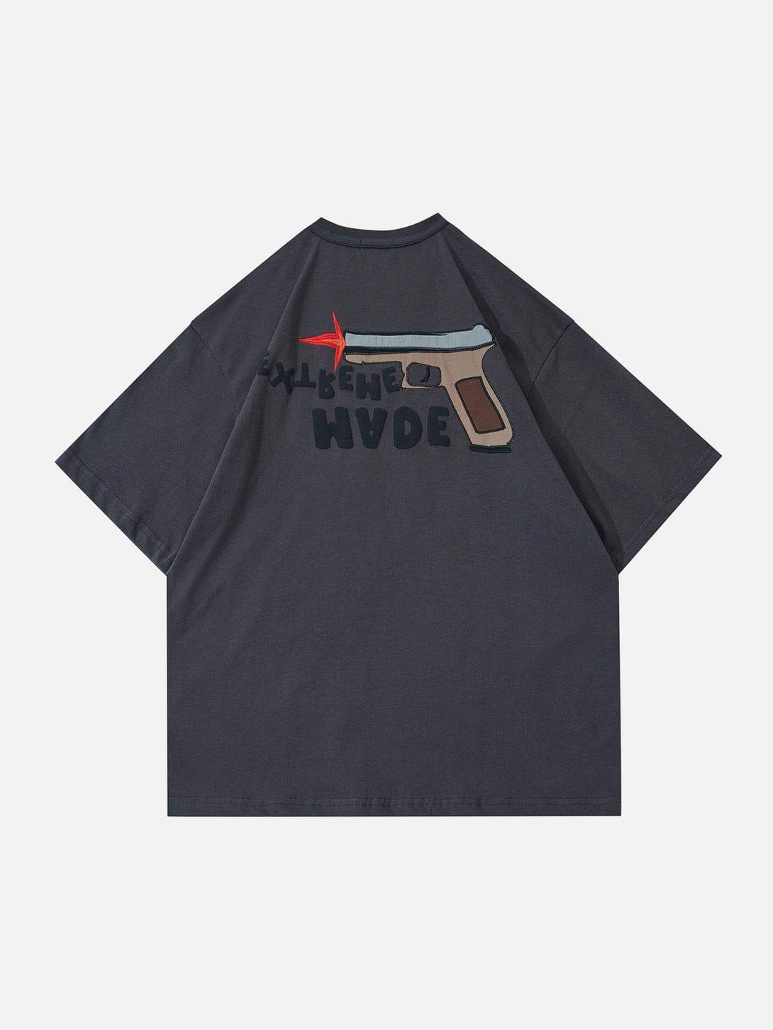 Back view of a gray TALISHKO tee with a bold pistol graphic and text, perfect for unique style.