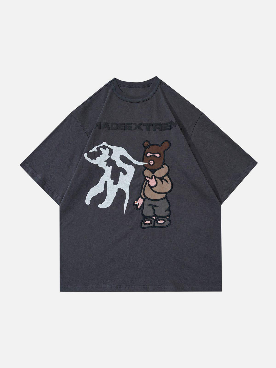Gray TALISHKO tee featuring a playful bear and abstract design, perfect for casual style.