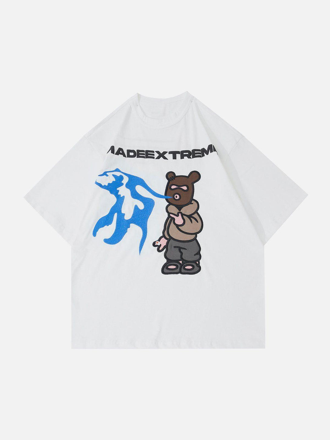 White TALISHKO graphic tee featuring a playful bear design with blue accents on the front.