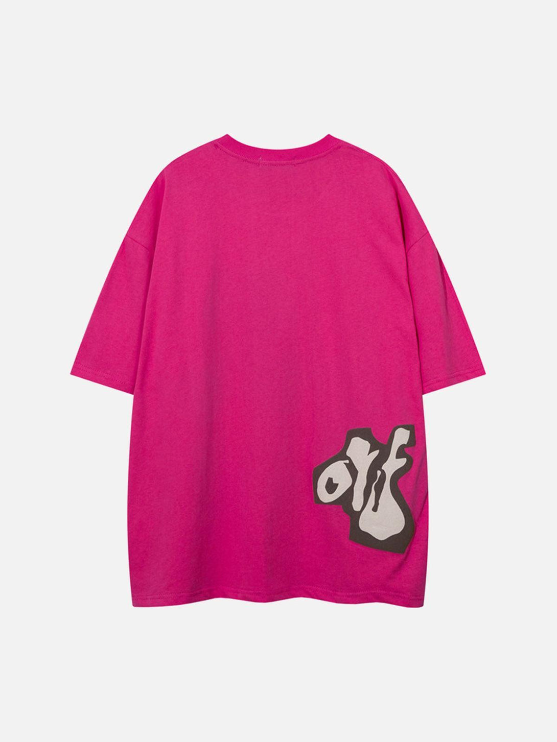 Back view of a vibrant pink TALISHKO T-shirt featuring bold graphic detail on the side.
