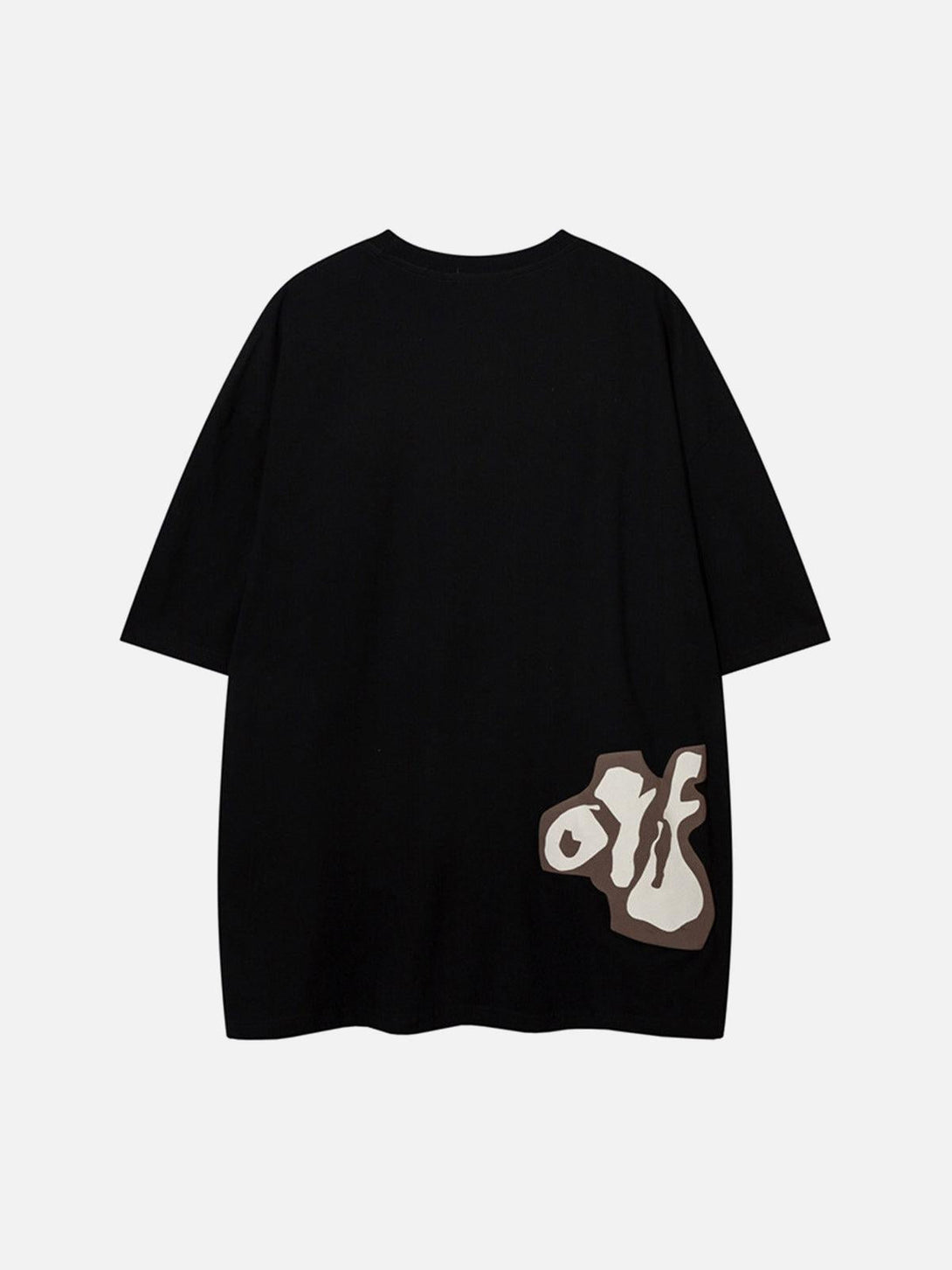 Back view of a black TALISHKO T-shirt with bold graphic detail on the lower side.