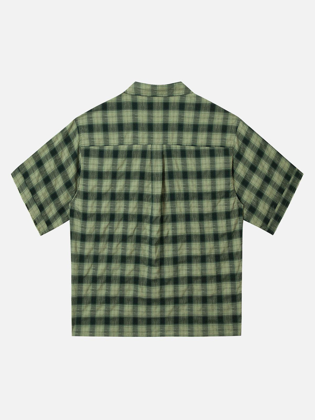 Back view of TALISHKO's green plaid short sleeve shirt, emphasizing relaxed summer vibes.