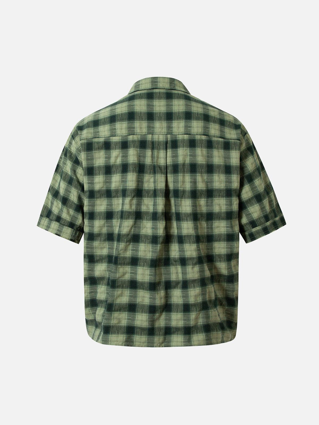 Back view of a green plaid short sleeve shirt by TALISHKO, highlighting casual summer style.