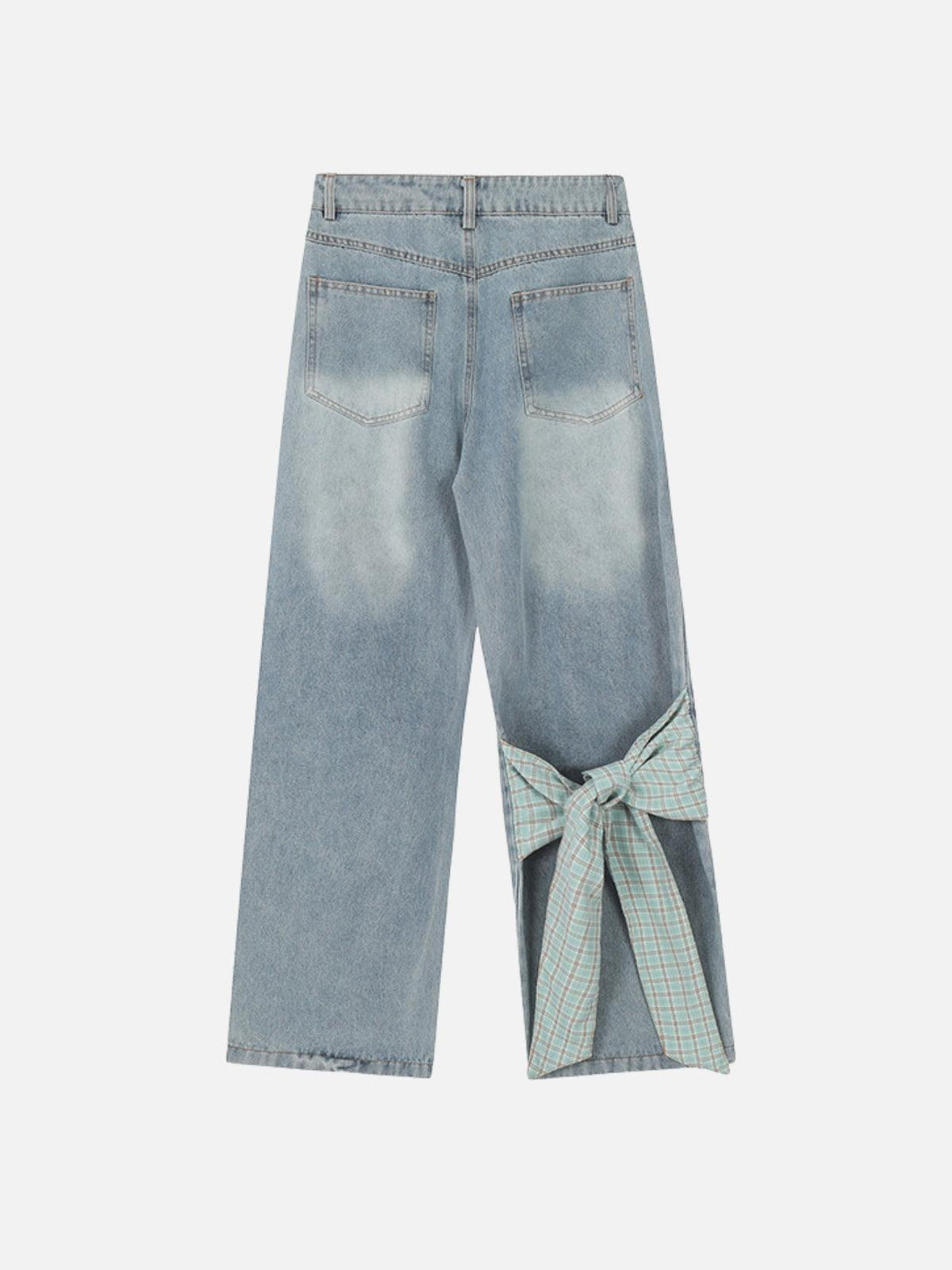 Back view of TALISHKO loose jeans featuring a unique plaid bow detail for added flair.