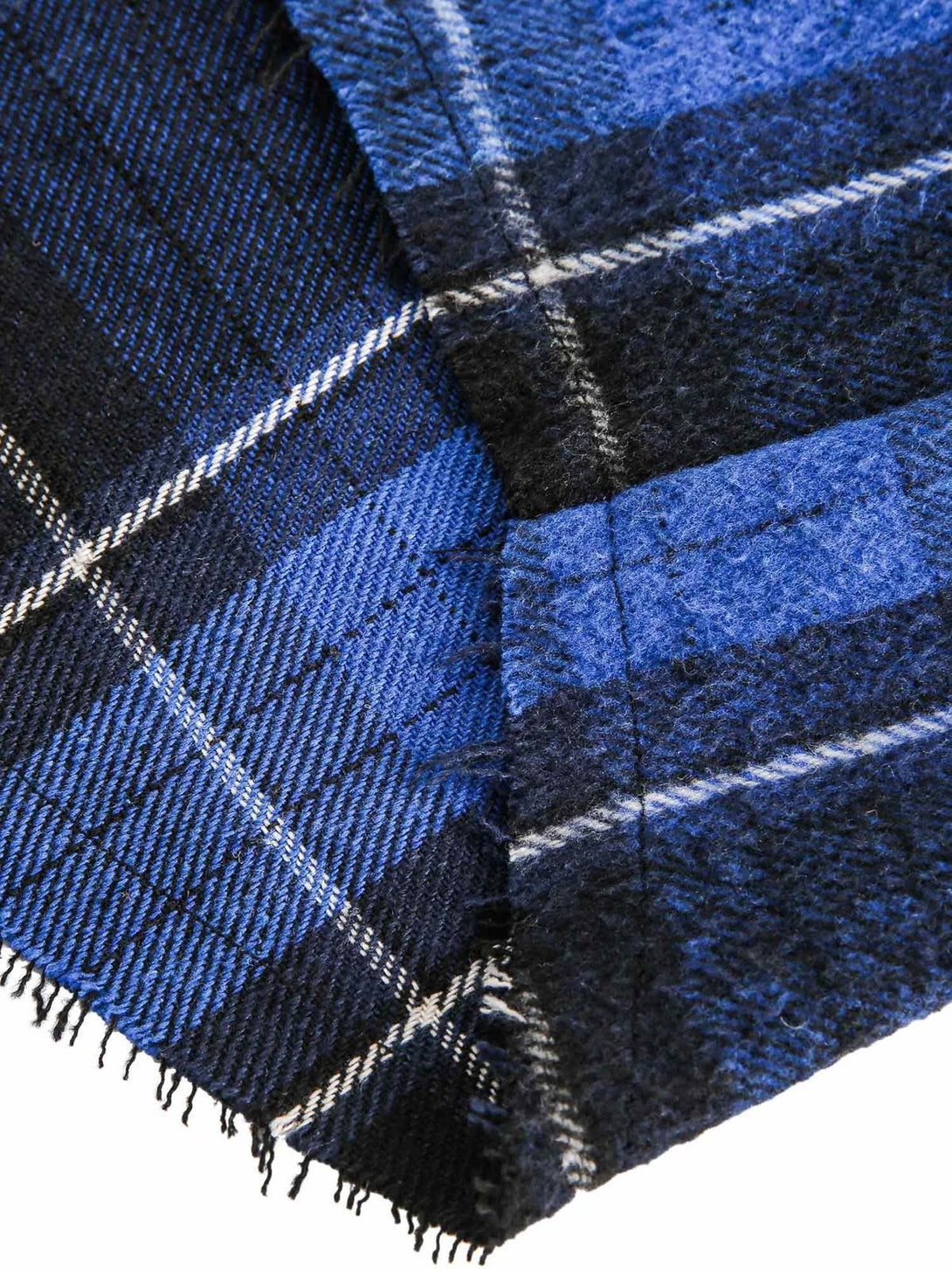 A detailed look at the blue plaid fabric of TALISHKO's hooded cardigan shirt, highlighting its texture.
