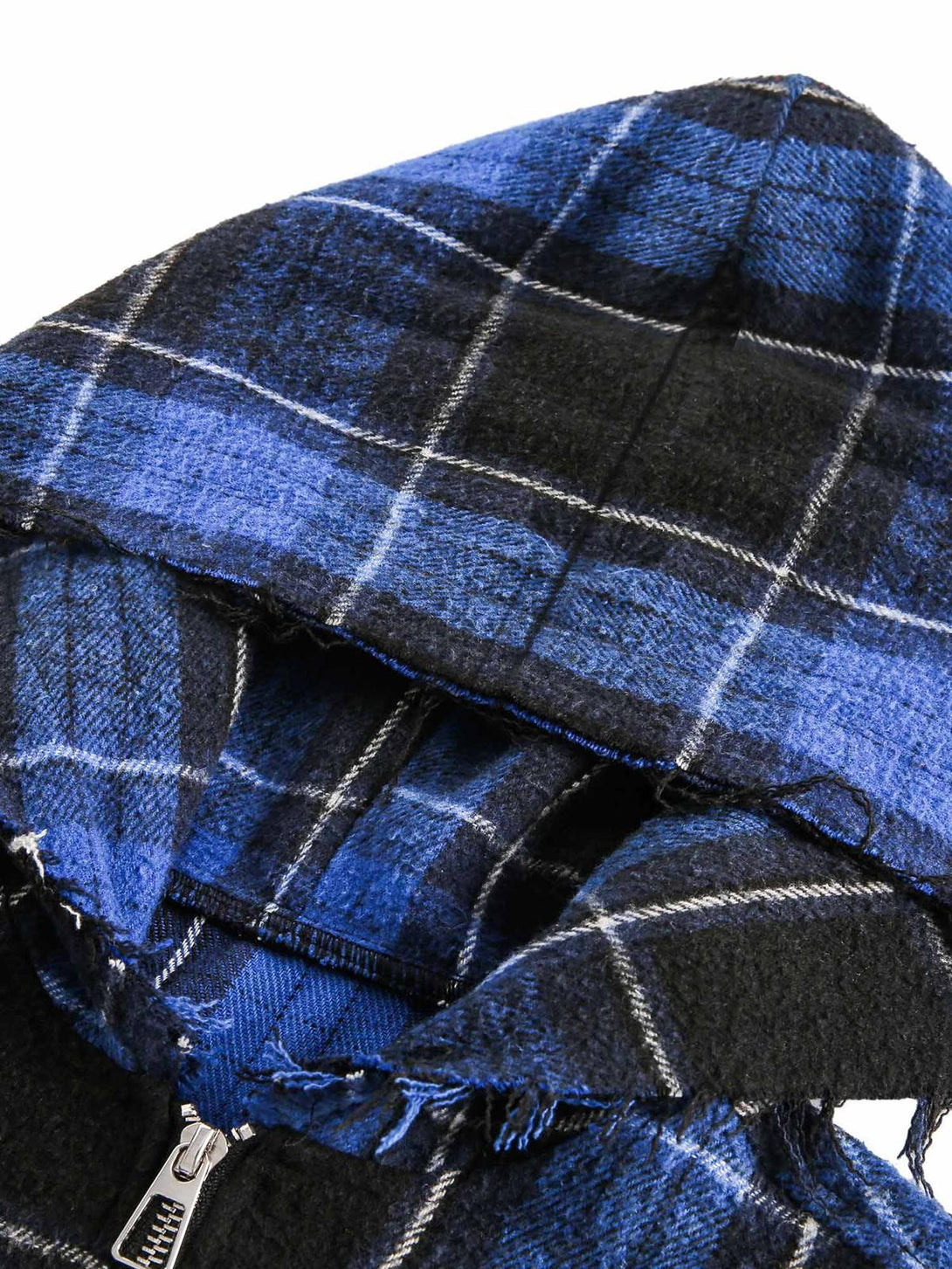 A close-up of TALISHKO's blue plaid hood, showcasing the brushed texture and pattern detail.