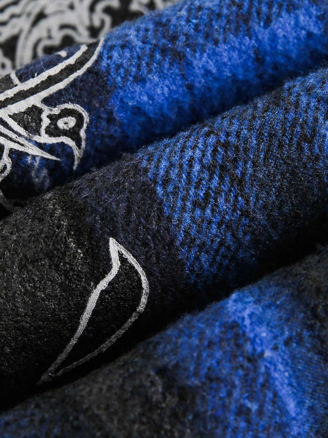 Texture and pattern showcased in TALISHKO's blue plaid cardigan, highlighting its unique design.
